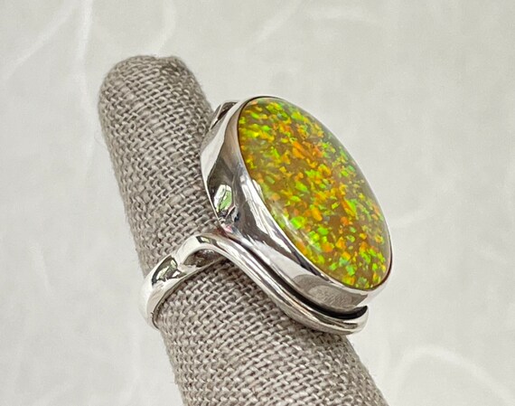 Sterling Silver Large Created Opal Ring - image 3