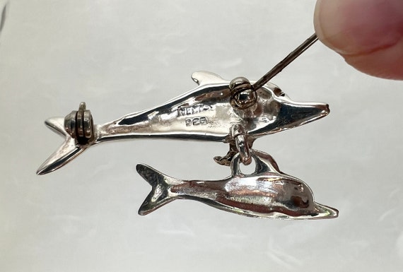 Sterling Silver Dolphin and Baby Dangle Brooch - image 4