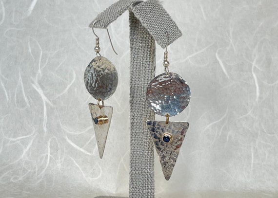 Sterling Silver Blue Sapphire Hammered Geometric Earrings