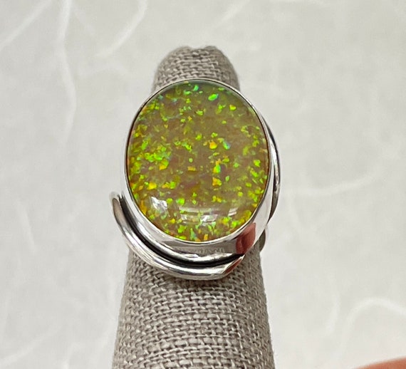Sterling Silver Large Created Opal Ring - image 2