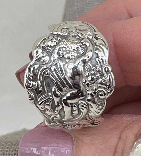 Vintage Cherub Solid Sterling Silver Spoon Ring - image 7