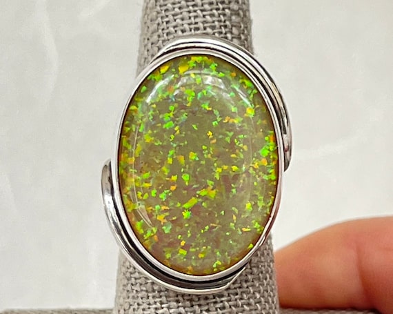 Sterling Silver Large Created Opal Ring - image 1