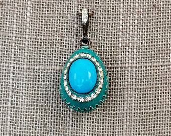 Faberge Style Sterling Guilloche Teal Enameled Egg Pendant