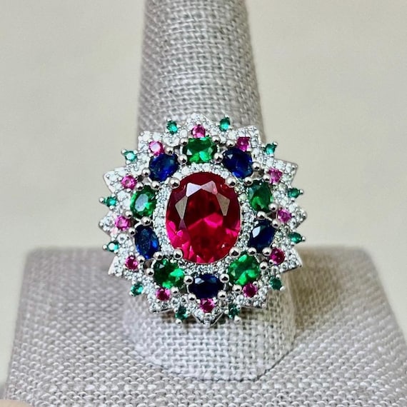 Sterling Silver Created Ruby, Emerald and Sapphir… - image 1