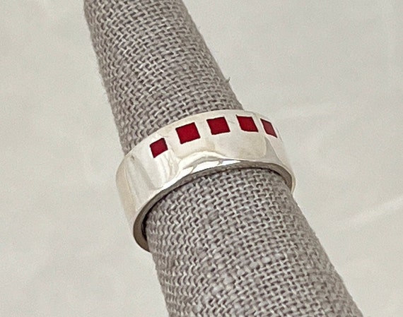 Vintage Sterling Silver Red Squares Tube Ring - image 3