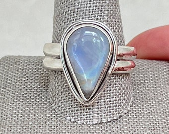 Sterling Silver Rainbow Moonstone Pear Cabochon Ring