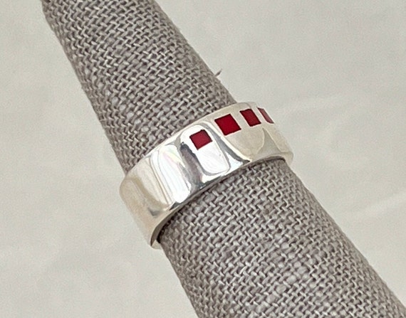 Vintage Sterling Silver Red Squares Tube Ring - image 4