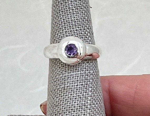 Sterling Silver Round Solid Halo Amethyst Ring - image 1