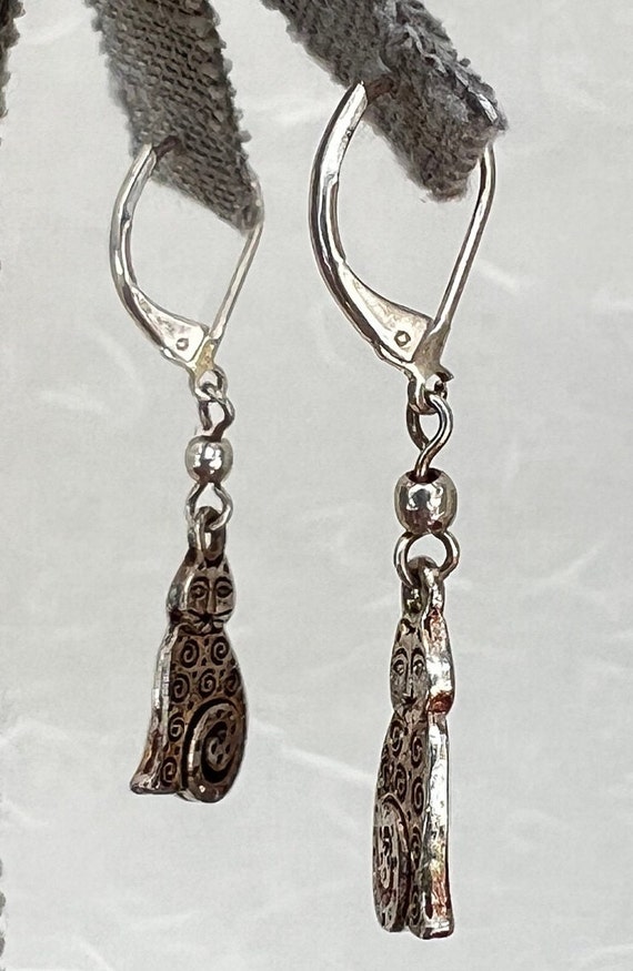 Sterling Silver Cat Dangle Earrings - image 4