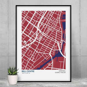 Impression de carte du stade des Canadiens de Montréal - Couleurs de l'équipe - Carte d'art du stade de la LNH - Affiche de qualité musée - Livraison rapide - Tailles différentes