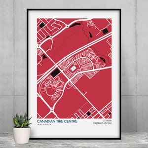 Impressão do mapa do Ottawa Senators Stadium - Cores do time - Mapa artístico do NHL Stadium - Pôster com qualidade de museu - Entrega rápida - Tamanhos diferentes