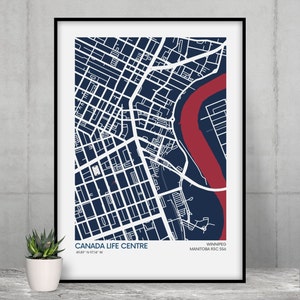 Impressão do mapa do Winnipeg Jets Stadium - Cores do time - Mapa artístico do NHL Stadium - Pôster com qualidade de museu - Entrega rápida - Tamanhos diferentes