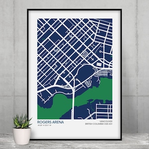 Impressão do mapa do estádio Vancouver Canucks - Cores do time - Mapa artístico do estádio da NHL - Pôster com qualidade de museu - Entrega rápida - Tamanhos diferentes
