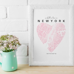 Carte de New York, Love Art Map Print, We Fell in Love Series, Affiche épaisse de haute qualité de musée - Livraison rapide - Plusieurs tailles