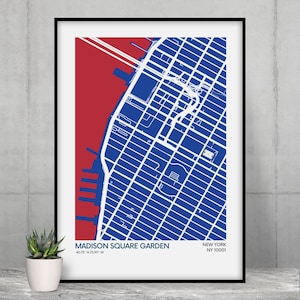 Impresión del mapa del estadio de los New York Rangers - Colores del equipo - Mapa de arte del estadio de la NHL - Póster con calidad de museo - Entrega rápida - Tamaños diferentes