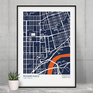 Impression de carte du stade des Oilers d'Edmonton - Couleurs de l'équipe - Carte d'art du stade de la LNH - Affiche de qualité musée - Livraison rapide - Tailles différentes
