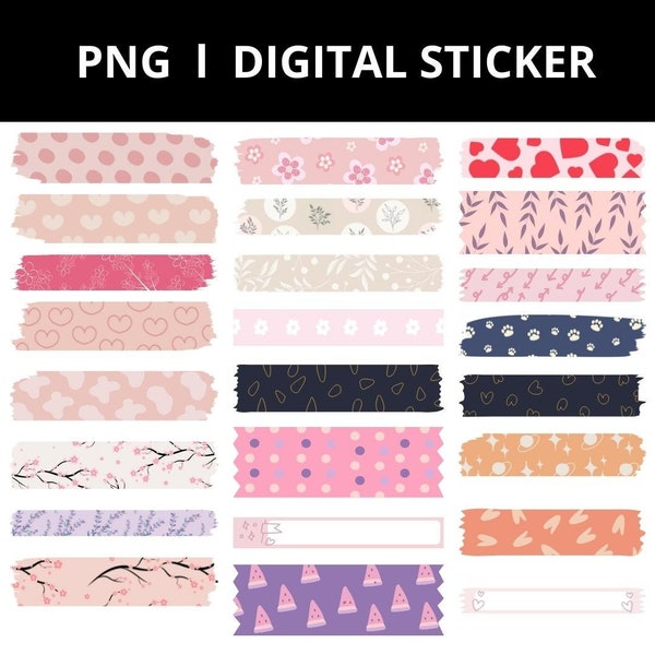 24 Washi Tape Stickers - Digital Sticker - Png Sticker - Goodnotes Planner - Digital Sticker Kit - Instant Download - School -Study-College