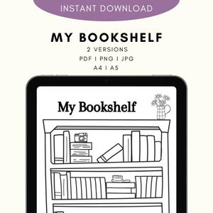 Könnte beinhalten: Eine druckbare Schwarzweißillustration eines Bücherregals mit Büchern, einer Kamera, einer Bürste und einer Vase mit Blumen. Der Text "My Bookshelf" befindet sich oben im Bild.