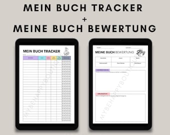 May include: Two printable digital planner pages for tracking books read. The left page is titled "Mein Buch Tracker" and has columns for book title, author, pages, start date, finish date, and rating. The right page is titled "Meine Buch Bewertung" and has columns for book title, author, start date, end date, and genre. Both pages have a whimsical illustration of a book with a crown.