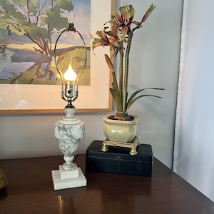 May include: A marble table lamp with a white and gray pattern, lit with a flame-shaped bulb. The lamp sits on a square base. A potted plant with green leaves and red-brown flowers is next to the lamp.