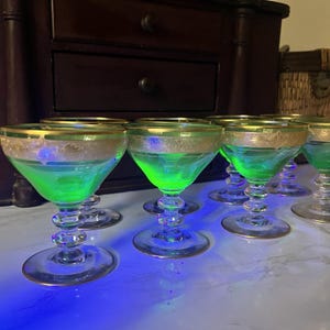 Bryce Bros Uranium Glass Sherbet Glasses Set of 8 Green Gold Encrusted Stemware UV Reactive