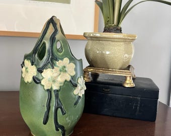 Roseville Dogwood Smooth Green 1920 Vintage Art Pottery Ceramic Basket Dogwood Basket Vase Green Art Pottery Arts Crafts Floral Collectible