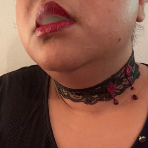Beaded Bram Choker / Blood Drip Vampire Bite Hand Stitched onto Black Lace