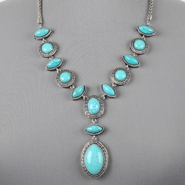 Fashion Western Linked Stone Turquoise Necklace, Stone Pendant Necklace Set