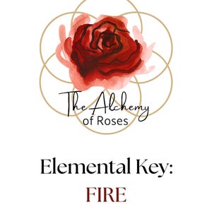May include: A watercolor illustration featuring a deep red rose at the top, with the text "The Alchemy of Roses" in elegant script. Below, the words "Elemental Key: FIRE" are displayed in a bold, serif font, set against a white background.