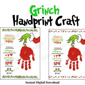 Huella de mano del Grinch / Grinchmas / Huella de mano de Navidad / Adorno del Grinch / Grinch / Actividad preescolar / Educación en el hogar / Arte de recuerdo / Poema del Grinch