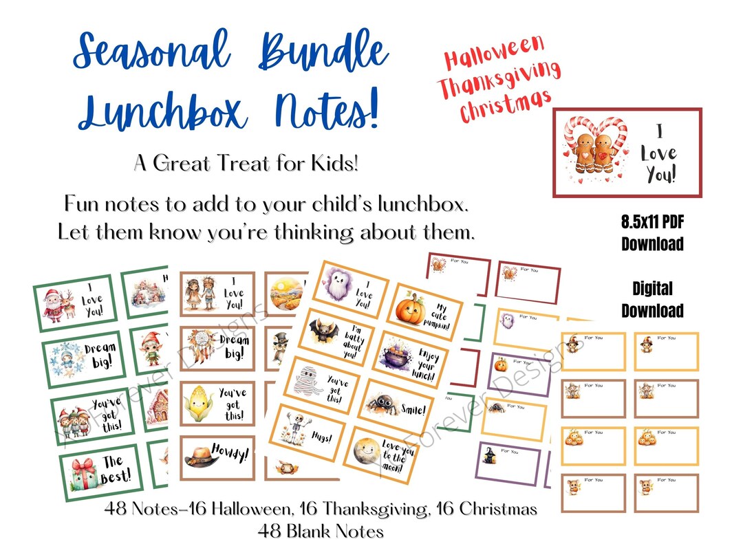 Printable Seasonal Bundle | Seasonal Lunch Box Notes for Kids | Cute ...