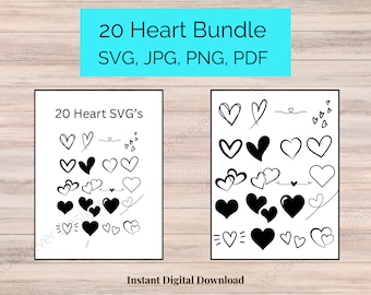 Könnte beinhalten: Ein digitaler Download von 20 Herz-SVG-Designs. Die Herzen sind in schwarzer Tinte auf weißem Hintergrund gezeichnet. Der Text "20 Heart SVG's" befindet sich oben im Bild. Der Text "Instant Digital Download" befindet sich unten im Bild.
