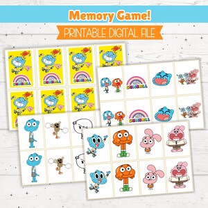 May include: A printable digital memory game featuring cartoon characters. The game cards show various characters in colourful designs on a white background. The text "Memory Game! Printable Digital File" is at the top.