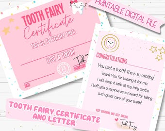 Puede incluir: Certificado y carta de la hada de los dientes imprimibles de color rosa con una ilustración de hada de los dientes y el texto "TOOTH FAIRY CERTIFICATE AND LETTER".