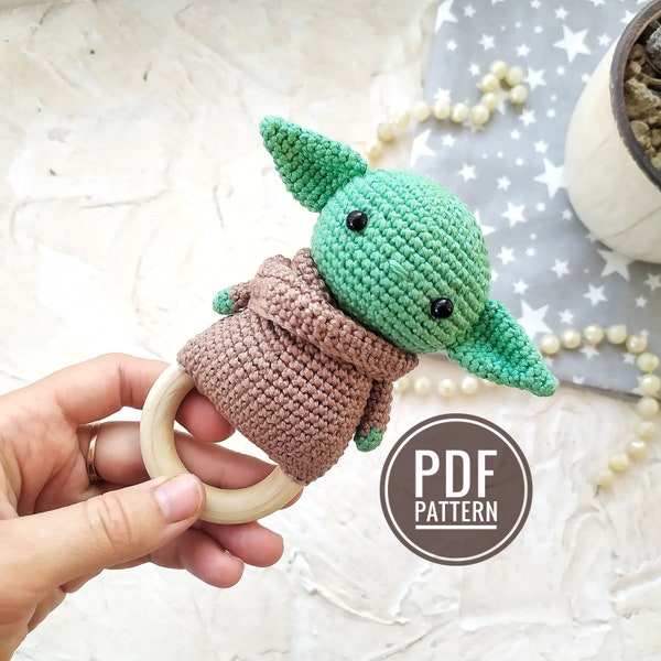 Baby Yoda rattle PATTERN Crochet Baby toy pattern Newborn wooden toy Amigurumi Baby Yoda