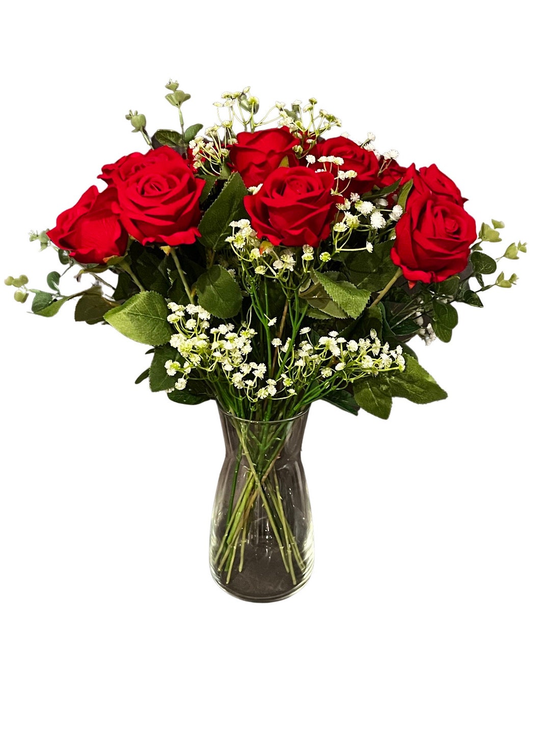 12 Red Roses in Glass Vase Etsy