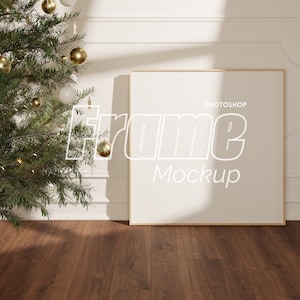 Photoshop Square Frame Mockup Festive Interior Scene | Square Frame Mockup PSD Template with Christmas tree