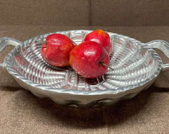 Vintage Pewter Metal Bowl in the Shape of a Basket with Handles.