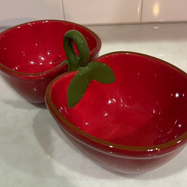 Fun tomato shaped duo snack bowls in a brilliant red color.