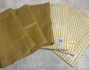 Pottery Barn Linen Napkins in a set of 6. Maze yellow and a striped yellow.