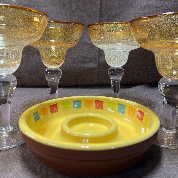 Perfect Margarita Set with 4 Hand Blown Bubble Glasses and Salt Bowl!