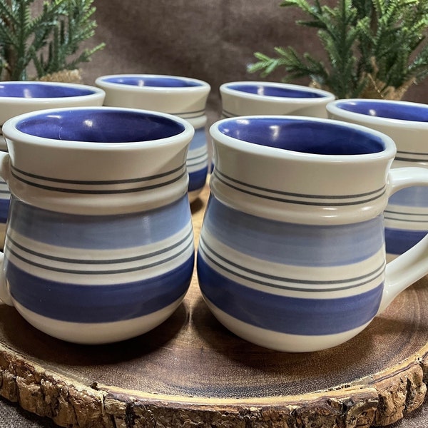 Pfaltzgraff “RIO” Coffee/ Tea Mug. Beautiful Blue interior with Two Tone Blue and Black Stripes.