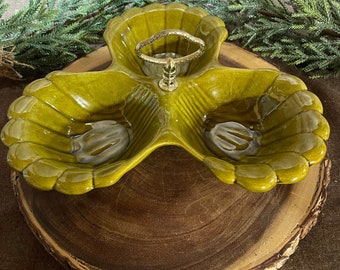 Mid-Century serving piece/ relish tray/ nut bowl in a deep green by California Pottery.