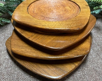 Mid-Century Modern Wood and Cork Coaster Set of 4.