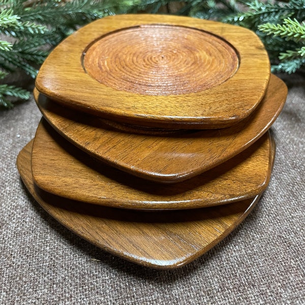 Mid-Century Modern Wood and Cork Coaster Set of 4.