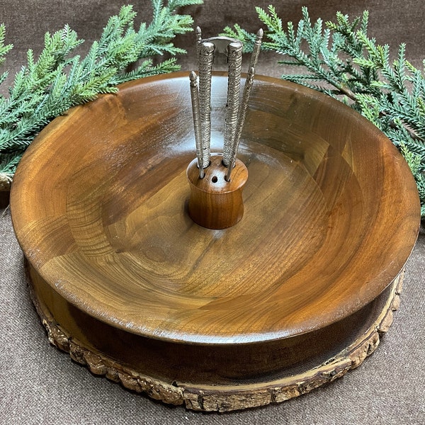 Mid-Century Large Red Walnut Nut Bowl with Cracker and 4 picks by Vermillion Walnut Inc. Springfield, MO.