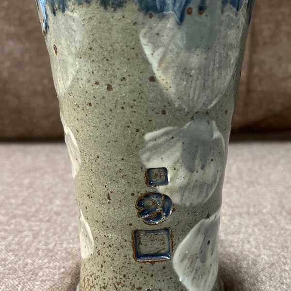 Handcrafted artisan vase in beautiful tans and blues with stamped makers mark