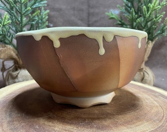 Studio Pottery Bowl with a Cream Drip Glaze Interior and Matte Brown Extet