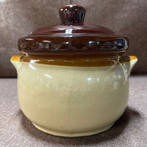 Vintage earth tone bean pot with lid