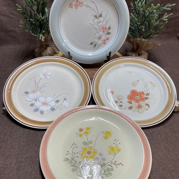 Mix Matched Collection of Vintage Stoneware Dinner Plates in Pastel Florals.